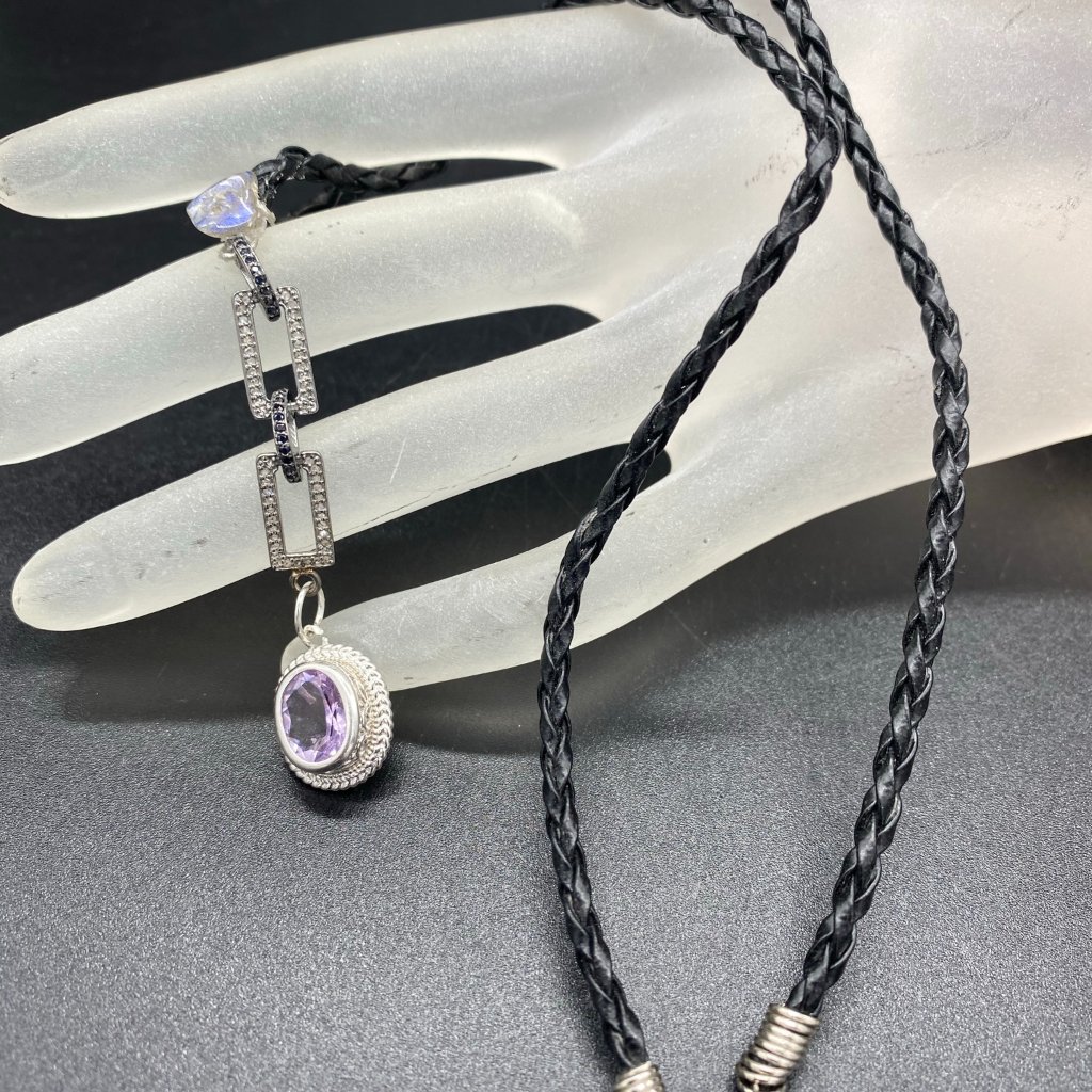 Necklace - Diamond And Black Spinel Pendant, Amethyst, Green/Gold Labradorite
